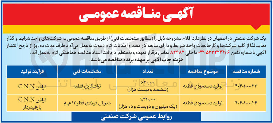 تصویر کوچک آگهی تولید دستمزدی قطعه به تعداد 620/000 عدد