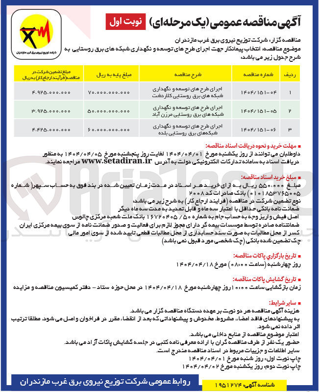 تصویر کوچک آگهی اجرای طرح توسعه و نگهداری شبکه برق