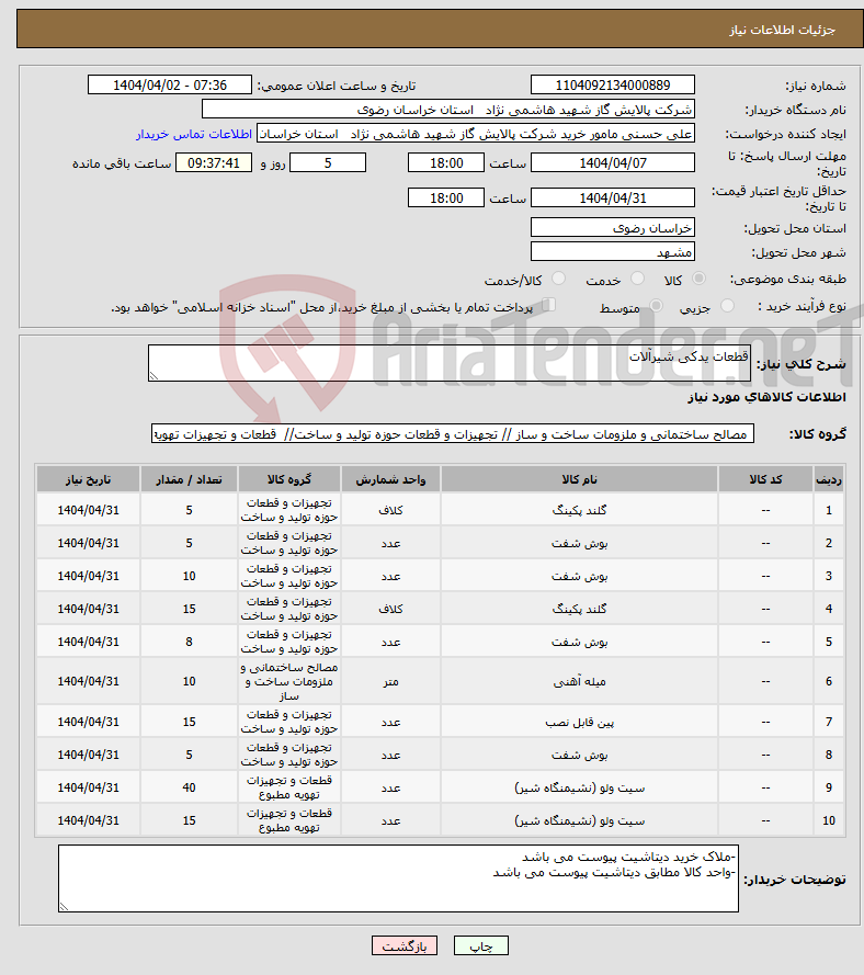 تصویر کوچک آگهی نیاز انتخاب تامین کننده-قطعات یدکی شیرآلات