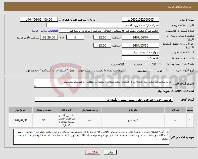 تصویر کوچک آگهی نیاز انتخاب تامین کننده-خرید تجهیزات مورد نیاز تغذیه نیرو استان چهار محال و بختیاری مطابق با لیست پیوست
