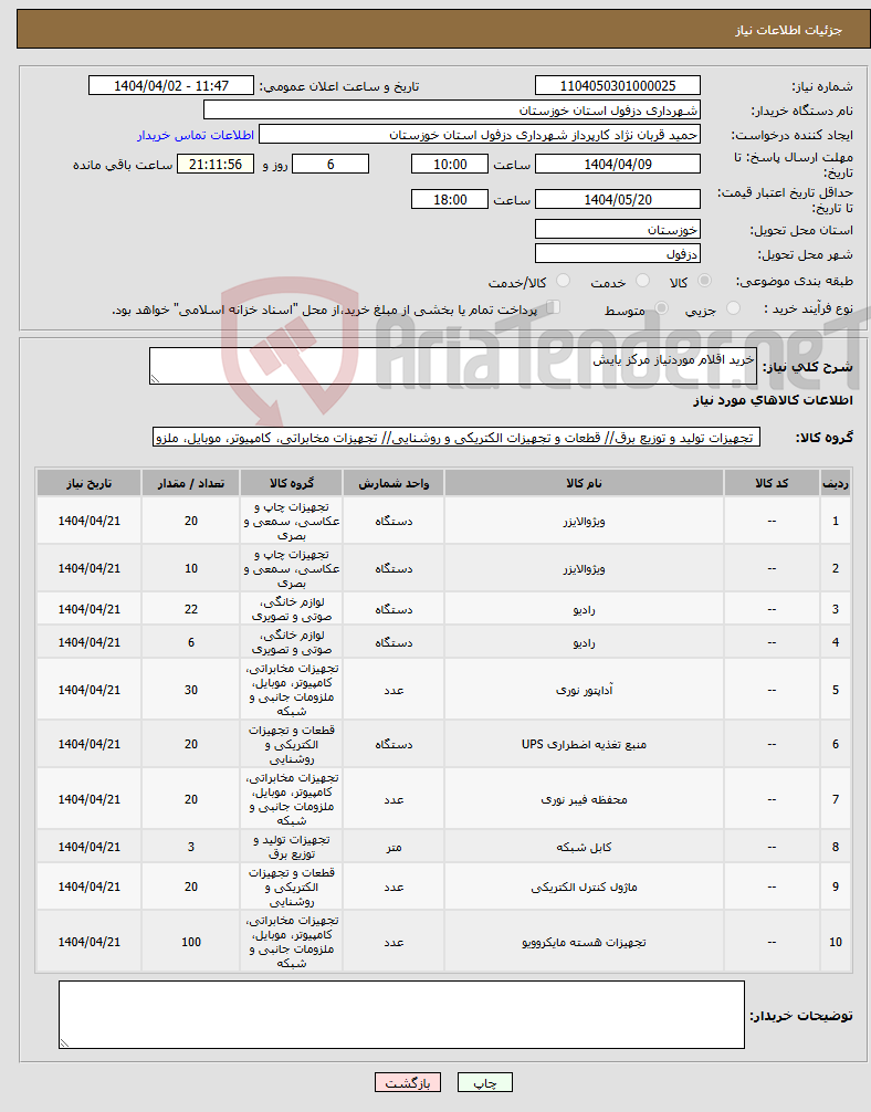 تصویر کوچک آگهی نیاز انتخاب تامین کننده-خرید اقلام موردنیاز مرکز یایش 