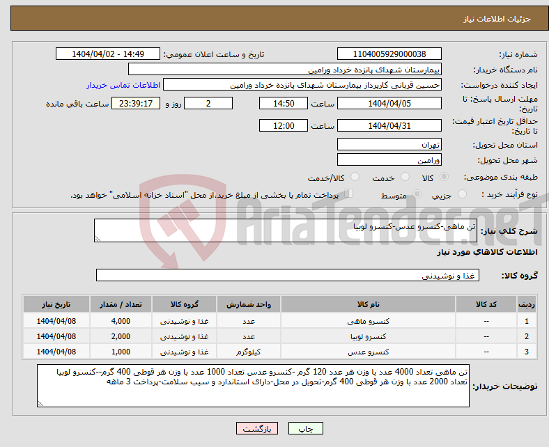 تصویر کوچک آگهی نیاز انتخاب تامین کننده-تن ماهی-کنسرو عدس-کنسرو لوبیا
