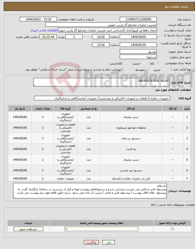 تصویر کوچک آگهی نیاز انتخاب تامین کننده-UNDERVOLTAGE RELAY