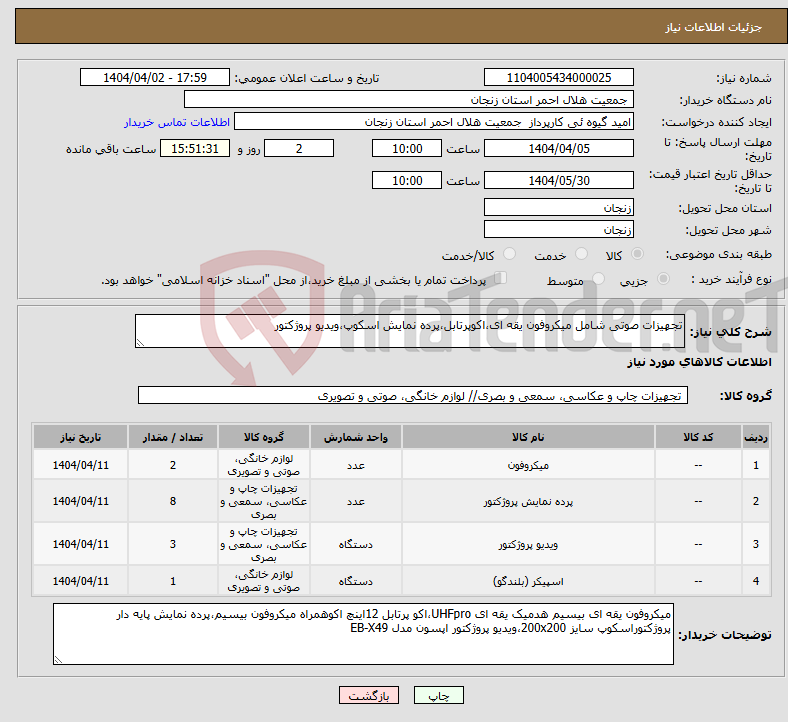 تصویر کوچک آگهی نیاز انتخاب تامین کننده-تجهیزات صوتی شامل میکروفون یقه ای،اکوپرتابل،پرده نمایش اسکوپ،ویدیو پروژکتور 