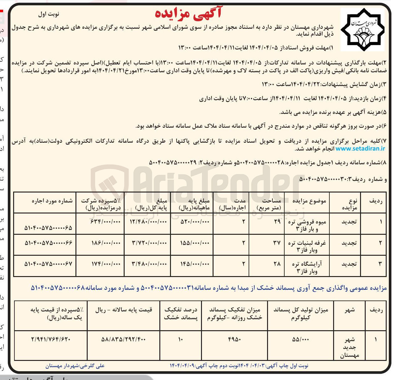 تصویر کوچک آگهی واگذاری غرفه لبنیات تره و بار فاز 3