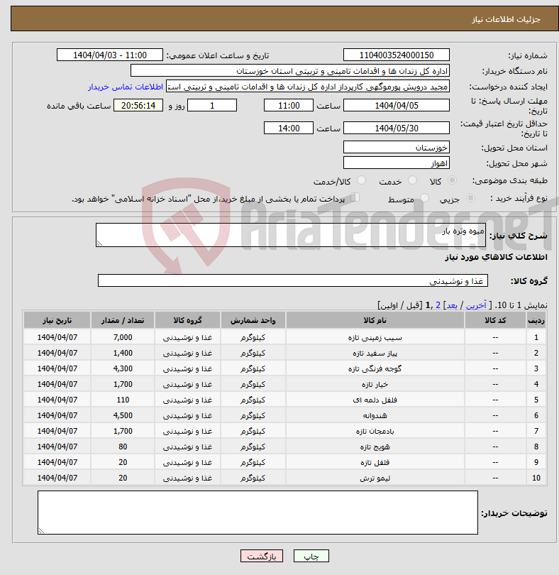 تصویر کوچک آگهی نیاز انتخاب تامین کننده-میوه وتره بار 