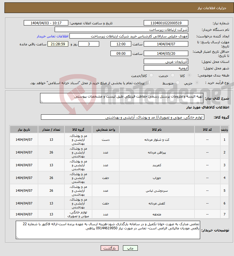 تصویر کوچک آگهی نیاز انتخاب تامین کننده-تهیه البسه و ملزومات پرسنل رسمی حفاظت فیزیکی طبق لیست و مشخصات پیوستی