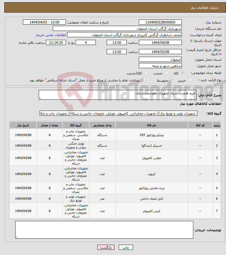 تصویر کوچک آگهی نیاز انتخاب تامین کننده-خرید هشت سری تجهیزات هوشمندسازی 