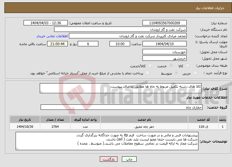 تصویر کوچک آگهی نیاز انتخاب تامین کننده-کالا های رشته تکمیل مربوط به چاه ها مطابق تقاضای پیوست.