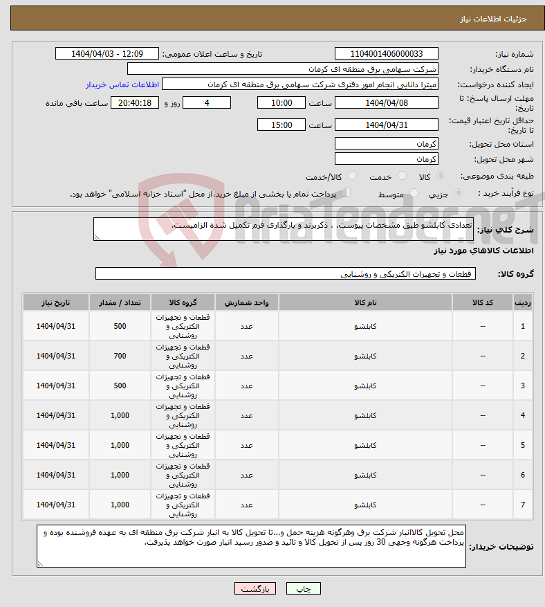 تصویر کوچک آگهی نیاز انتخاب تامین کننده-تعدادی کابلشو طبق مشخصات پیوست. ، ذکربرند و بارگذاری فرم تکمیل شده الزامیست.
