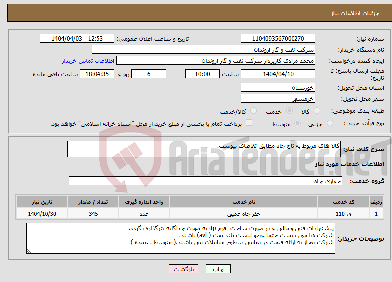 تصویر کوچک آگهی نیاز انتخاب تامین کننده-کالا های مربوط به تاج چاه مطابق تقاضای پیوست.