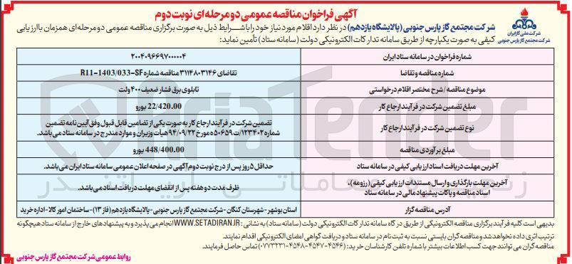 تصویر کوچک آگهی تامین تابلوی برق فشار ضعیف ۴۰۰ ولت