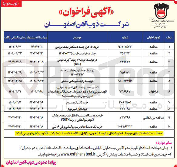 تصویر کوچک آگهی تامین، نصب و راه اندازی تجهیزات برقی، اتوماسیونی و ابزار دقیق دمپرهای جدید الکتروفیلترهای آسپیراسیون کوره بلند شماره ۲