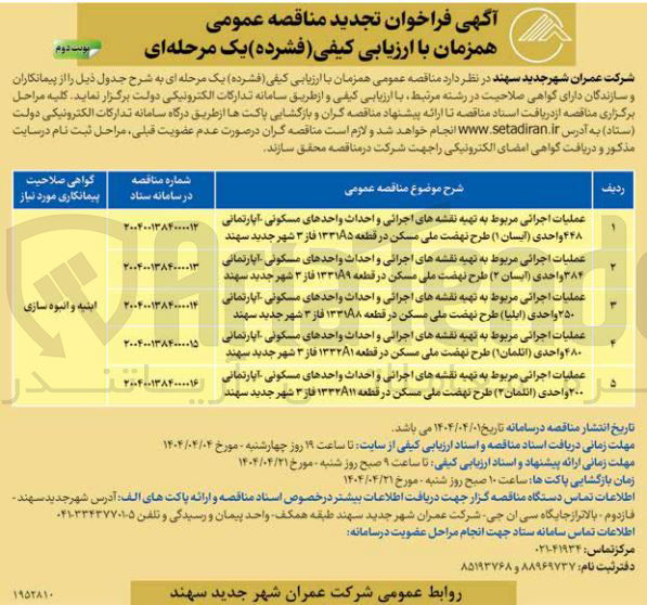 تصویر کوچک آگهی عملیات اجرائی مربوط به تهیه نقشه های اجرانی و احداث واحدهای مسکونی - آپارتمانی ۲۰ واحدی (ائلمان ۲)