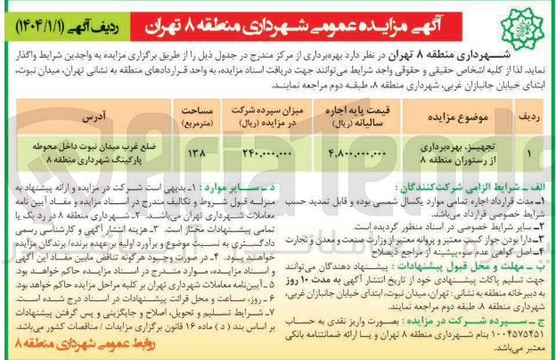 تصویر کوچک آگهی تجهیز، بهره برداری از رستوران