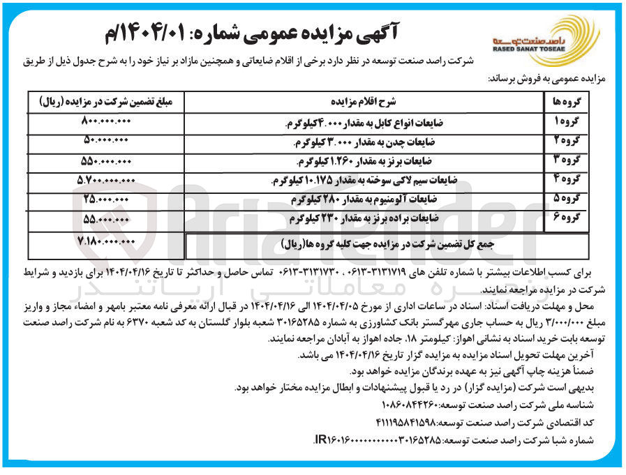 تصویر کوچک آگهی فروش اقلام ضایعاتی  شامل : گروه 1 (ضایعات انواع کابل به مقدار۴.۰۰۰کیلوگرم) - گروه 2 (ضایعات چدن به مقدار ۳.۰۰۰ کیلوگرم) - گروه 3 (ضایعات برنز به مقدار ۱.۲۶۰ کیلوگرم) - گروه 4 (ضایعات سیم لاکی سوخته به مقدار ۱۰.۱۷۵ کیلوگرم) - گروه 5 (ضایعات آلومنیوم به مقدار ۲۸۰ کیلوگرم) - گروه 6 (ضایعات براده برنز به مقدار ۲۳۰ کیلوگرم)