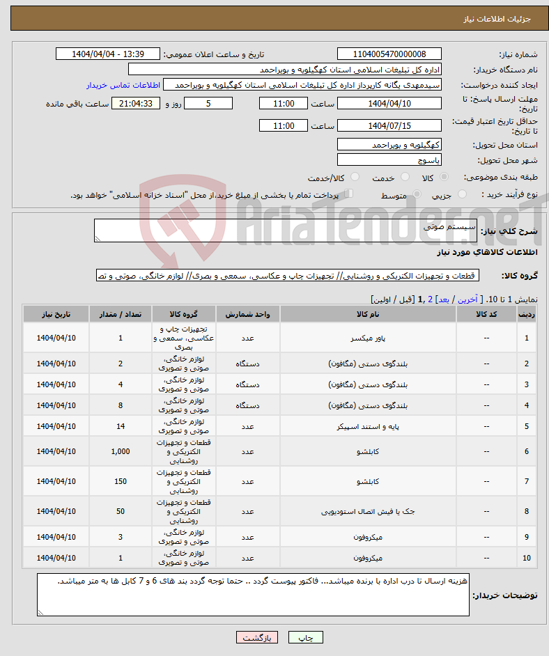 تصویر کوچک آگهی نیاز انتخاب تامین کننده-سیستم صوتی