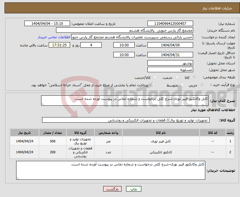 تصویر کوچک آگهی نیاز انتخاب تامین کننده-کابل وکانکتور فیبر نوری-شرح کلی درخواست و شماره تماس در پیوست آورده شده است.