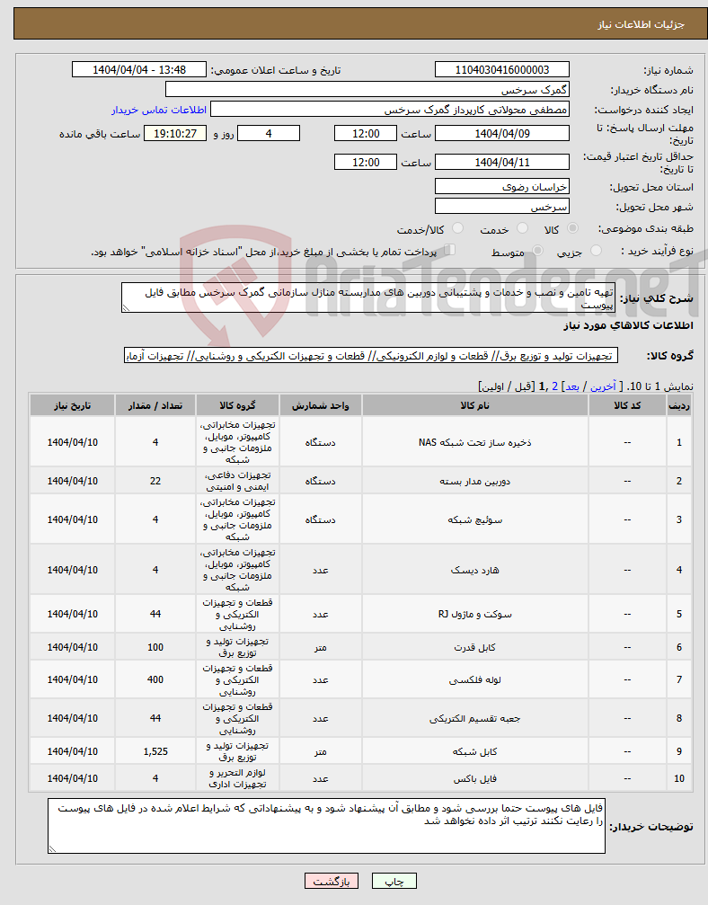 تصویر کوچک آگهی نیاز انتخاب تامین کننده-تهیه تامین و نصب و خدمات و پشتیبانی دوربین های مداربسته منازل سازمانی گمرک سرخس مطابق فایل پیوست