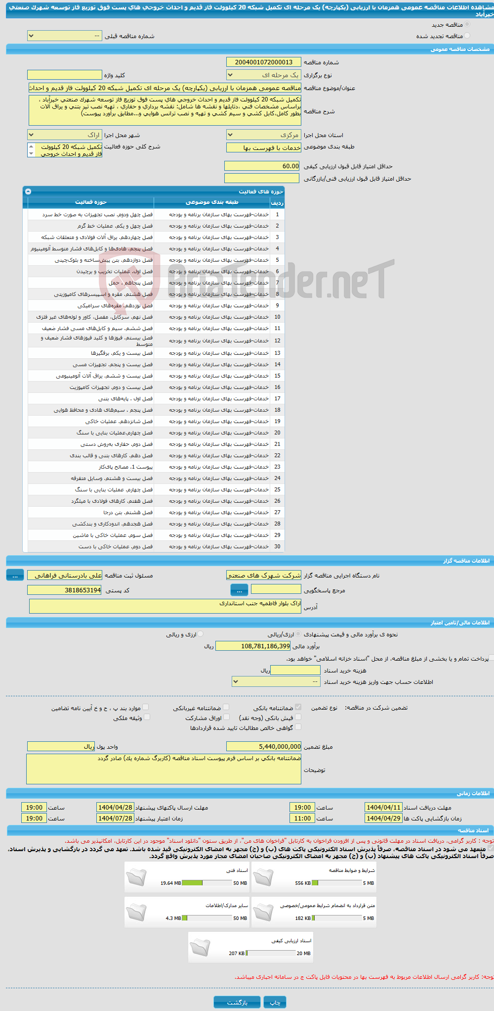 تصویر کوچک آگهی مناقصه عمومی همزمان با ارزیابی (یکپارچه) یک مرحله ای تکمیل شبکه 20 کیلوولت فاز قدیم و احداث خروجی های پست فوق توزیع فاز توسعه شهرک صنعتی خیرآباد