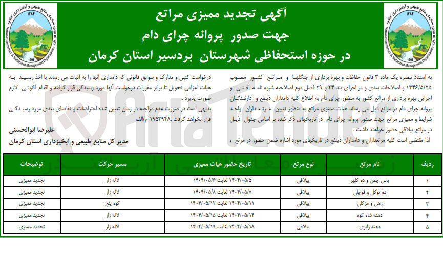تصویر کوچک آگهی ممیزی مرتع جهت صدور پروانه چرای دام