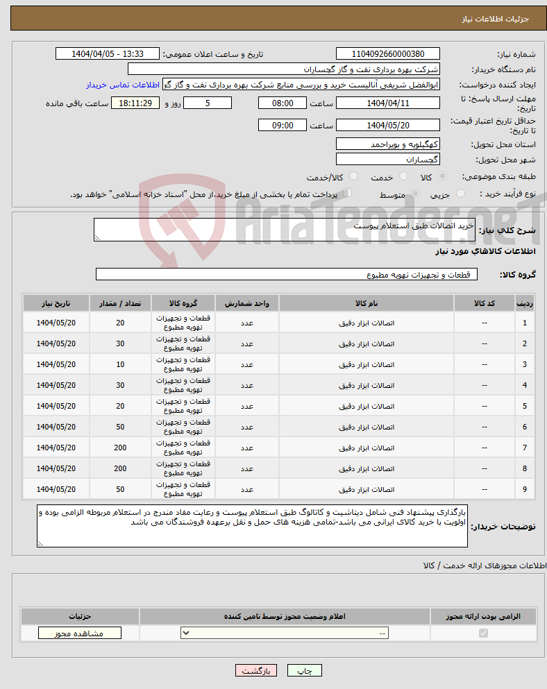 تصویر کوچک آگهی نیاز انتخاب تامین کننده-خرید اتصالات طبق استعلام پیوست