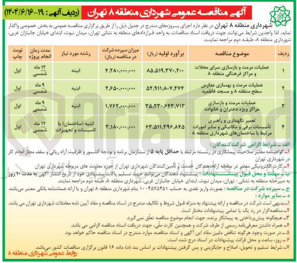 تصویر کوچک آگهی عملیات مرمت و بهسازی مدارس