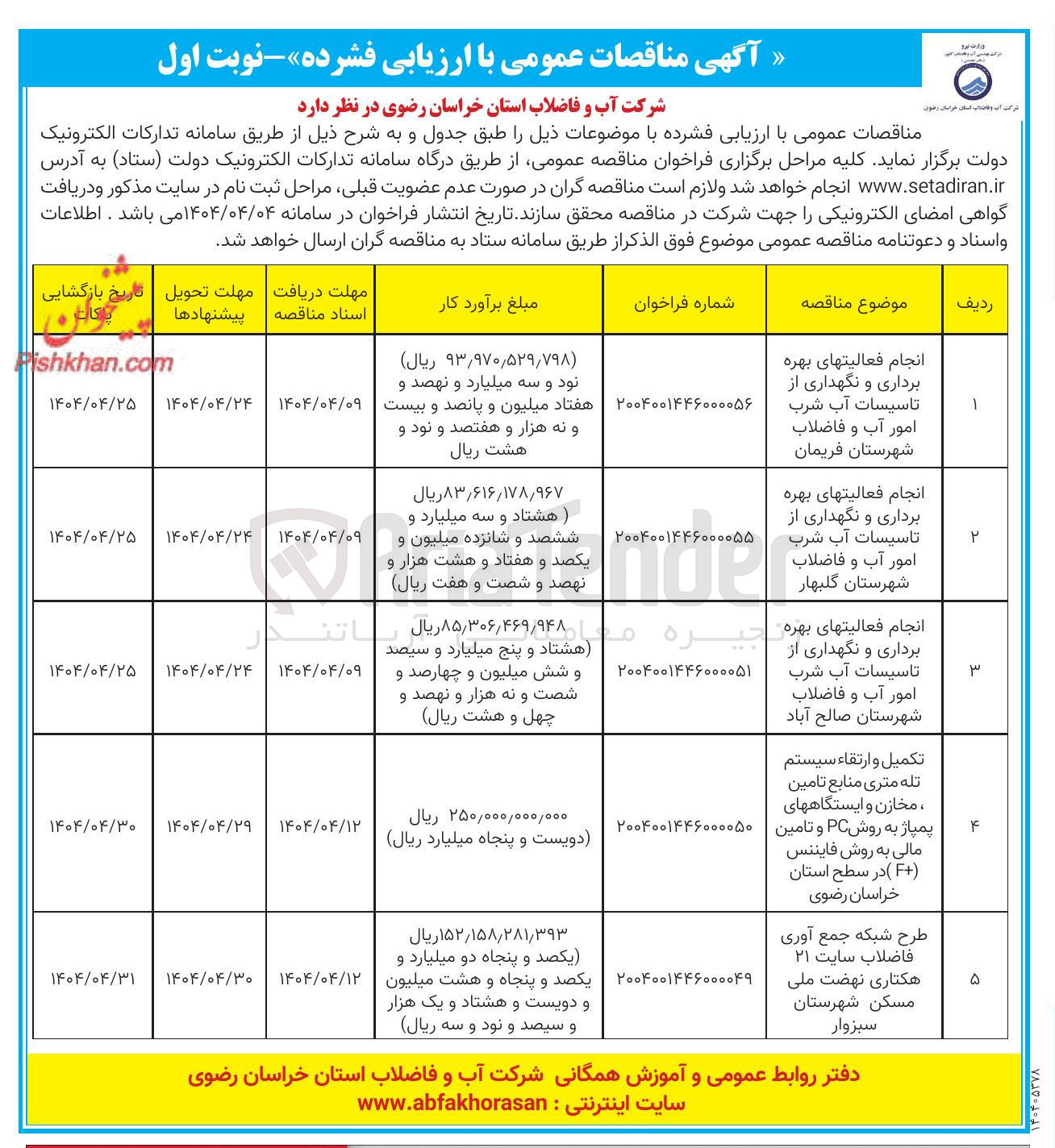 تصویر کوچک آگهی تکمیل و ارتقاء سیستم تله متری منابع تامین ، مخازن و ایستگاههای پمپاژ به روش PC و تامین مالی به روش فایننس ( F ) 