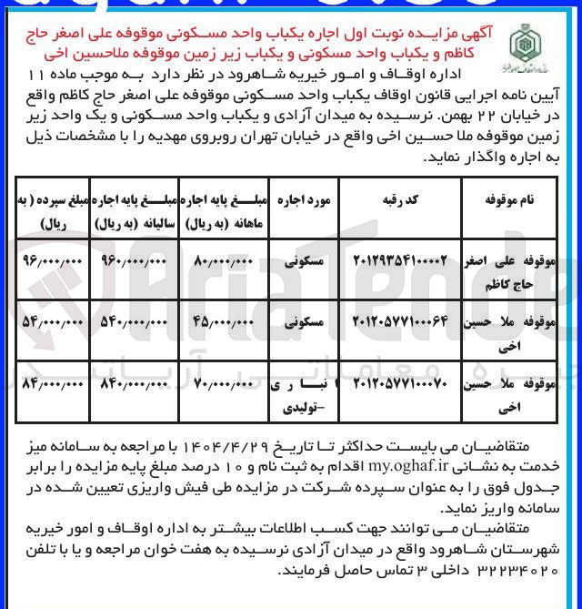 تصویر کوچک آگهی اجاره يكباب واحد مسکونی موقوفه علی اصغر حاج کاظم و یکباب واحد مسکونی و یک واحد زیر زمین