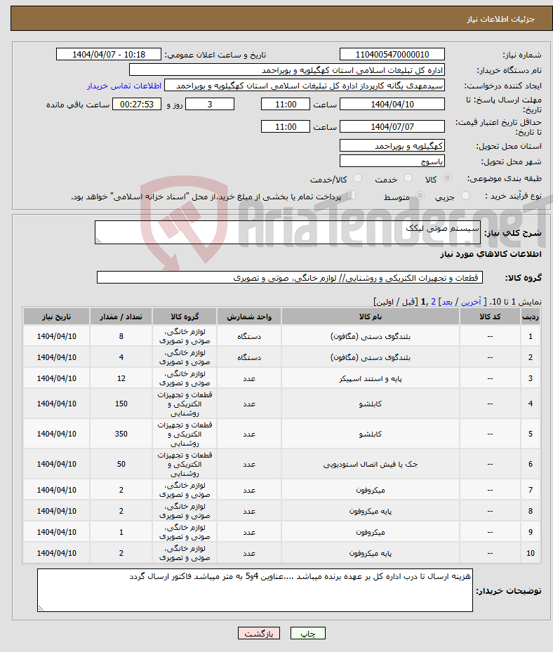 تصویر کوچک آگهی نیاز انتخاب تامین کننده-سیستم صوتی لیکک