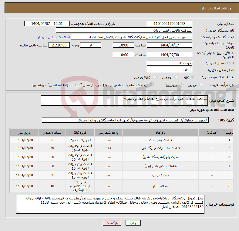 تصویر کوچک آگهی نیاز انتخاب تامین کننده-ساخت قطعات پمپ براساس شرح تقاضا و مطابق نمونه
