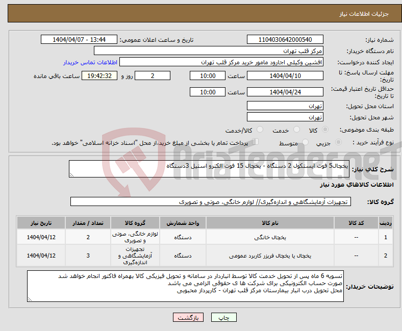 تصویر کوچک آگهی نیاز انتخاب تامین کننده-یخچال5 فوت ایستکول 2 دستگاه - یخچال 15 فوت الکترو استیل 3دستگاه 