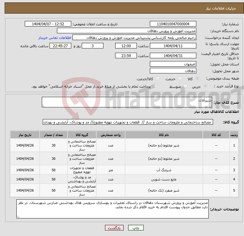 تصویر کوچک آگهی نیاز انتخاب تامین کننده-شیرآلات 