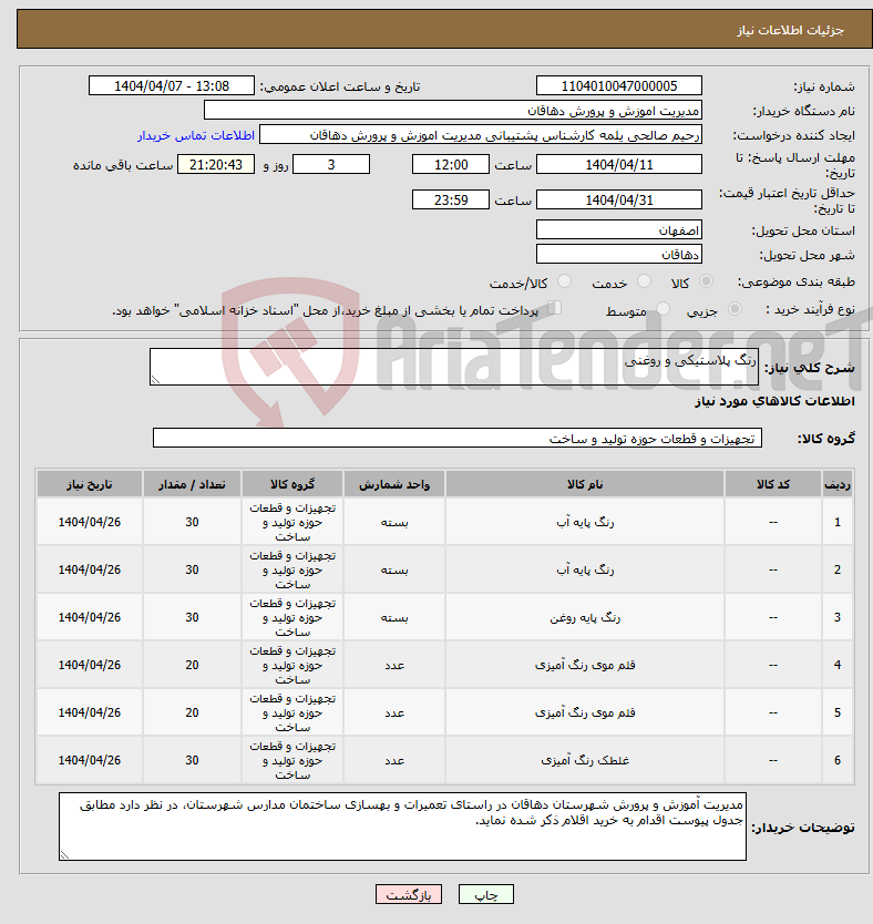 تصویر کوچک آگهی نیاز انتخاب تامین کننده-رنگ پلاستیکی و روغنی 