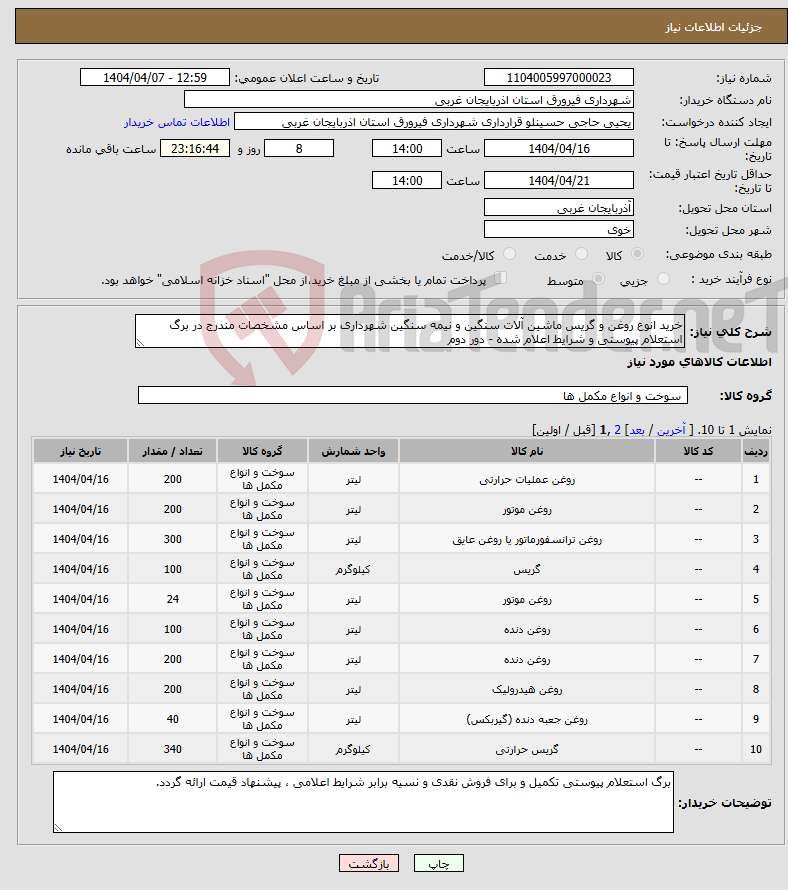 تصویر کوچک آگهی نیاز انتخاب تامین کننده-خرید انوع روغن و گریس ماشین آلات سنگین و نیمه سنگین شهرداری بر اساس مشخصات مندرج در برگ استعلام پیوستی و شرایط اعلام شده - دور دوم