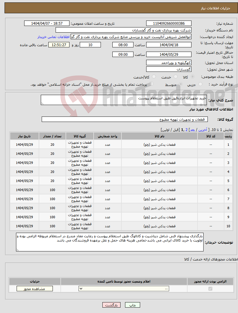 تصویر کوچک آگهی نیاز انتخاب تامین کننده-خرید تجهیزات ابزاردقیق طبق استعلام پیوست