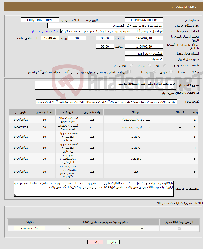 تصویر کوچک آگهی نیاز انتخاب تامین کننده-خرید تجهیزات ابزاردقیق طبق استعلام پیوست