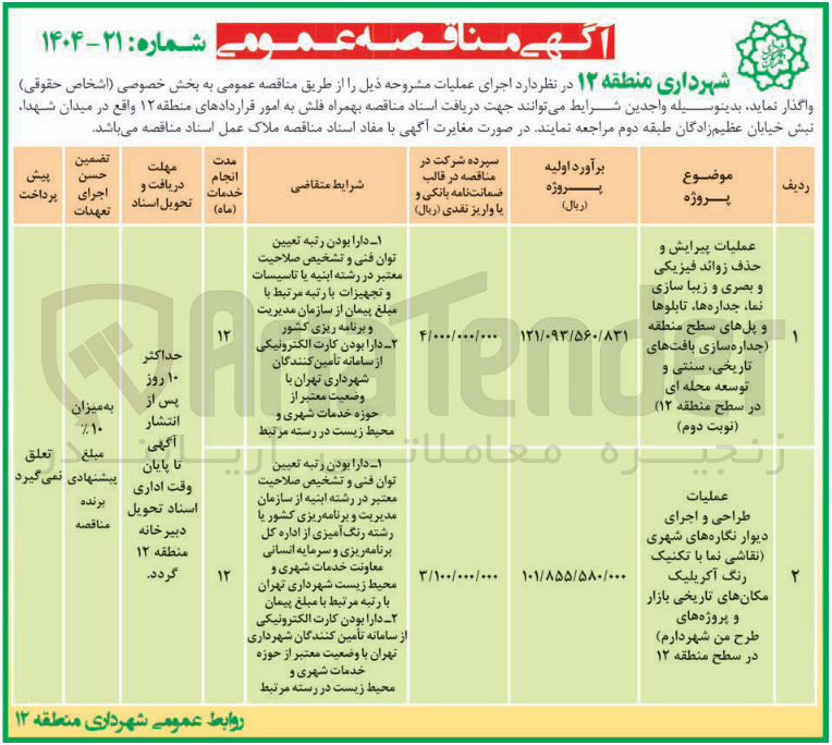 تصویر کوچک آگهی عملیات پیرایش و حذف زوائد فیزیکی و بصری و زیبا سازی نما جداره ها تابلوها و پلهای سطح منطقه (جداره سازی بافت های تاریخی سنتی و توسعه محله ای)