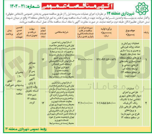 تصویر کوچک آگهی طراحی و اجرای دیوار نگاره های شهری ( نقاشی نما با تکنیک 
رنگ آکریلیک مکانهای تاریخی بازار و پروژه های طرح من شهر دارم در سطح منطقه ۱۲ 
