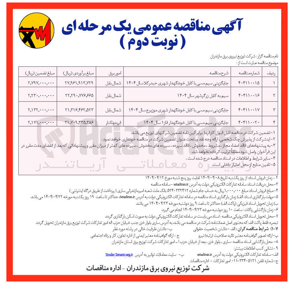 تصویر کوچک آگهی جایگزینی سیم مسی با کابل خودنگهدار فاز ۱ سال ۱۴۰۴ 
