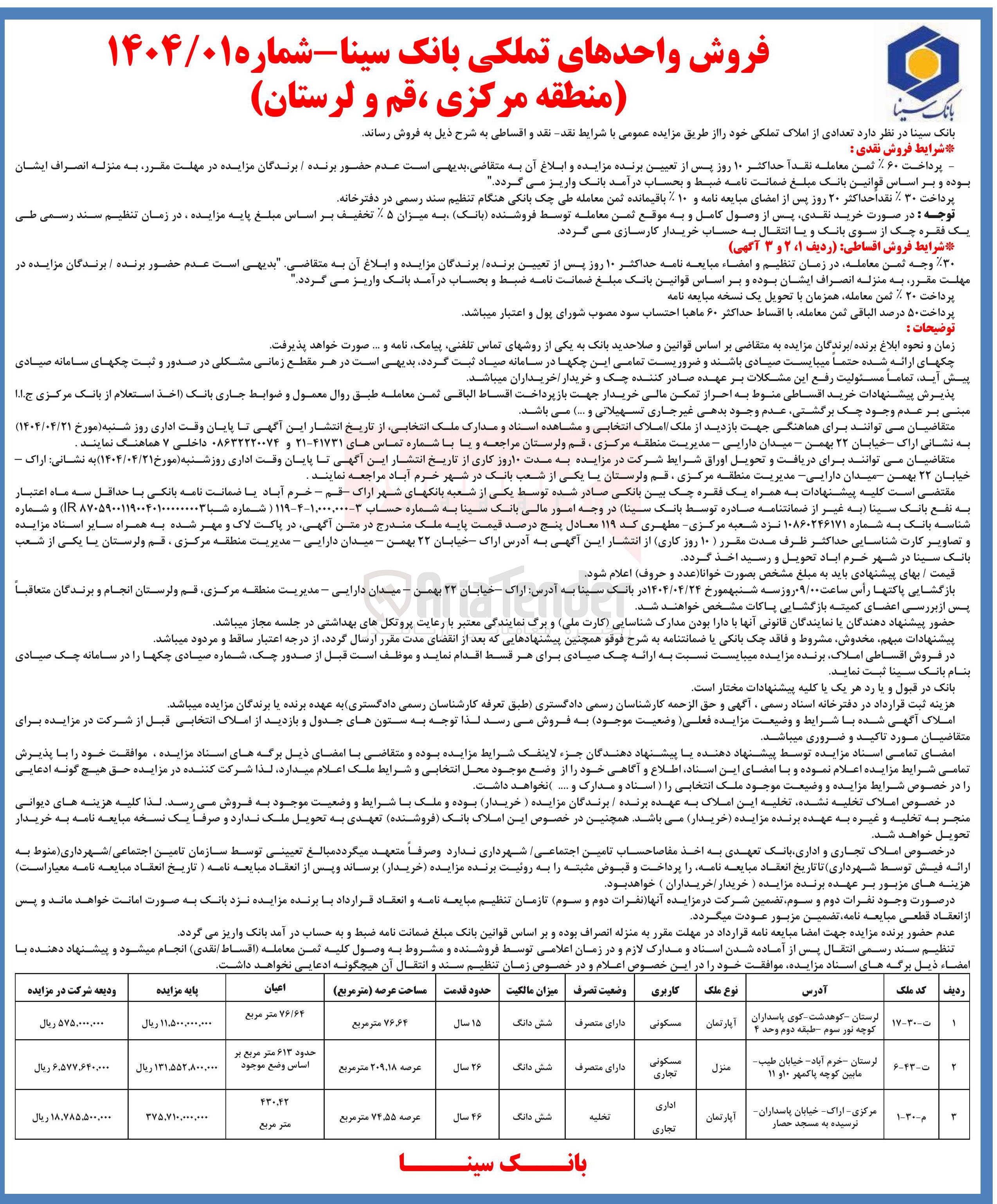 تصویر کوچک آگهی فروش تعدادی از املاک تملکی در 3 ردیف
