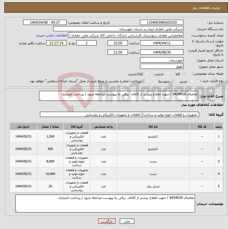 تصویر کوچک آگهی نیاز انتخاب تامین کننده-تقاضای 0434018 / جهت اطلاع بیشتر از کالای برقی به پیوست مراجعه شود / پرداخت اعتباری