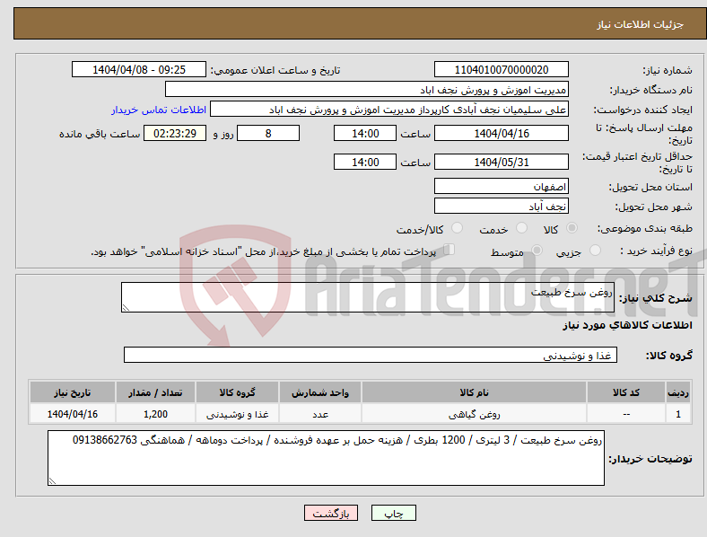 تصویر کوچک آگهی نیاز انتخاب تامین کننده-روغن سرخ طبیعت