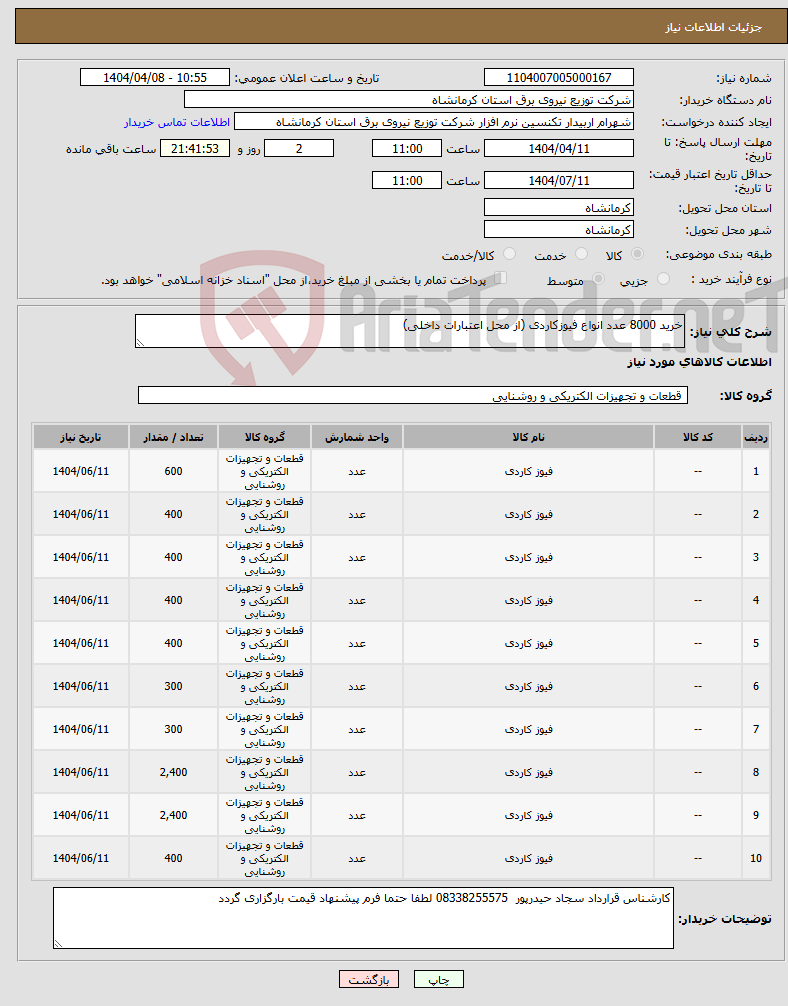 تصویر کوچک آگهی نیاز انتخاب تامین کننده-خرید 8000 عدد انواع فیوزکاردی (از محل اعتبارات داخلی)