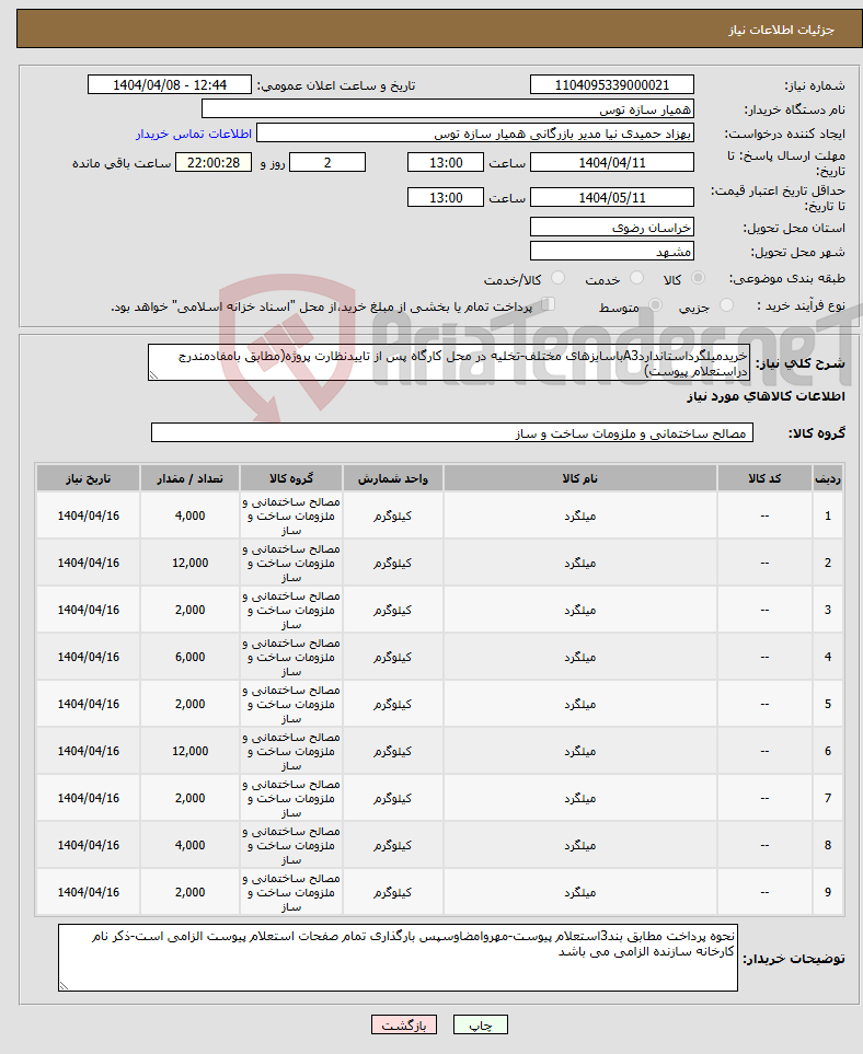 تصویر کوچک آگهی نیاز انتخاب تامین کننده-خریدمیلگرداستانداردA3باسایزهای مختلف-تخلیه در محل کارگاه پس از تاییدنظارت پروژه(مطابق بامفادمندرج دراستعلام پیوست)