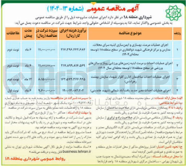 تصویر کوچک آگهی اجرای عملیات احداث و مرمت ابنیه زمینهای ورزشی روباز و سالنهای ورزشی