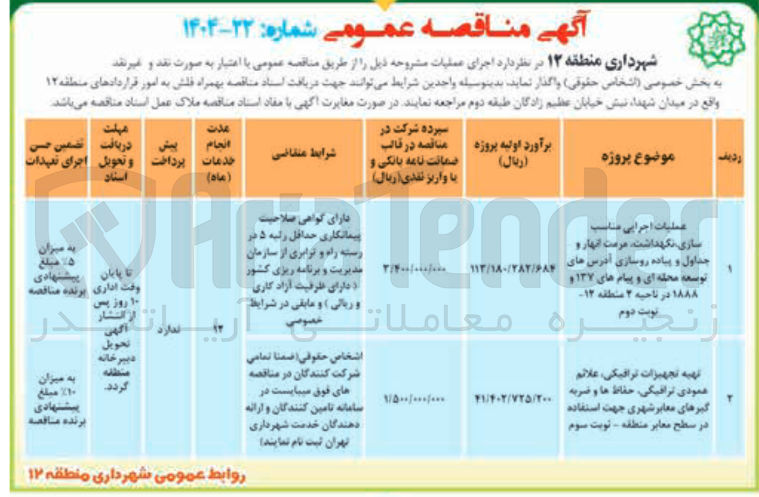 تصویر کوچک آگهی تهیه تجهیزات ترافیکی، علائم عمودی ، ترافیکی حفاظ ها و ضربه گیرهای معابر شهری جهت استفاده در سطح معابر منطقه