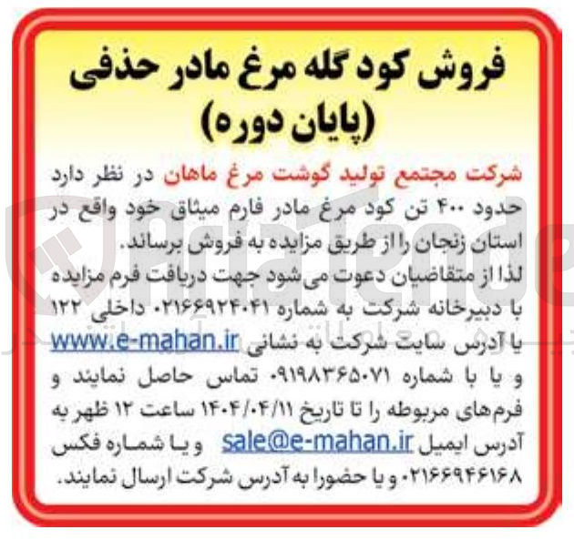 تصویر کوچک آگهی حدود ۴۰۰ تن کود مرغ مادر 