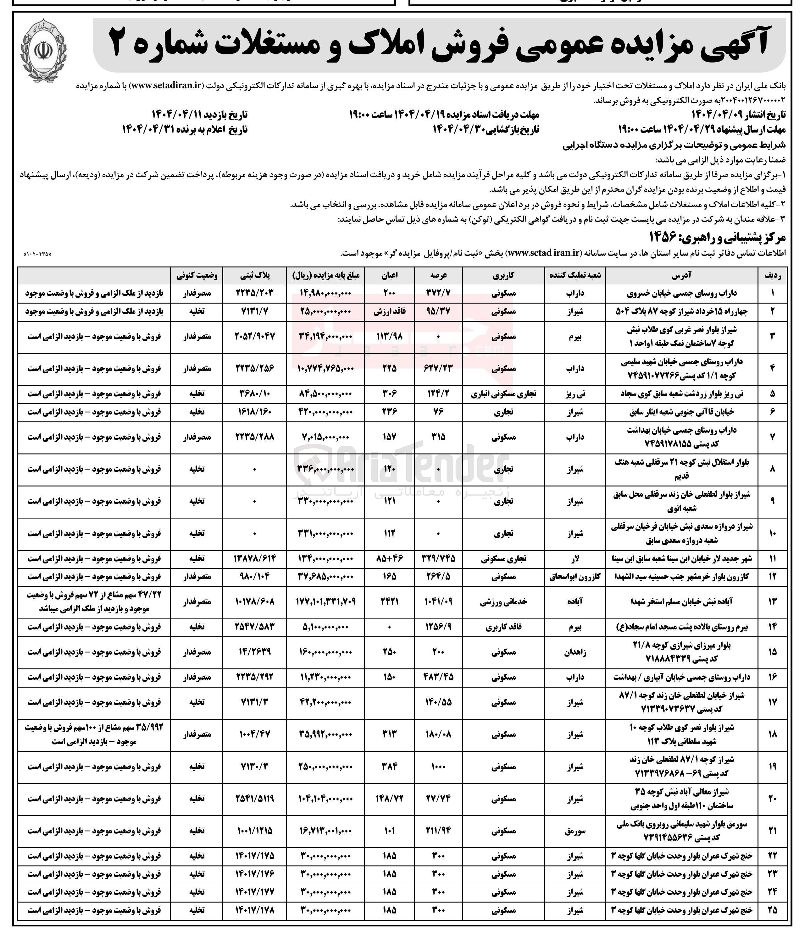 تصویر کوچک آگهی فروش املاک در 25 ردیف با کاربری مسکونی - تجاری -انباری - خدماتی - ورزشی