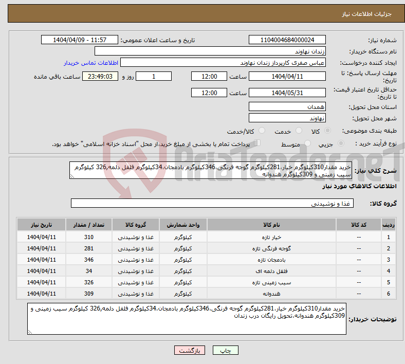 تصویر کوچک آگهی نیاز انتخاب تامین کننده-خرید مقدار310کیلوگرم خیار،281کیلوگرم گوجه فرنگی،346کیلوگرم بادمجان،34کیلوگرم فلفل دلمه,326 کیلوگرم سیب زمینی و 309کیلوگرم هندوانه